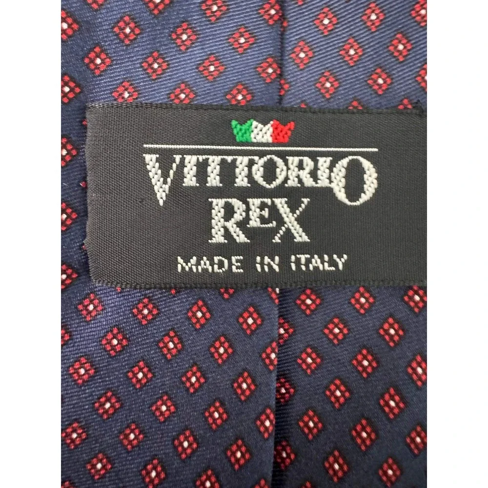 Vittorio Rex Italy Mens Silk Tie Navy Blue Red Geometric Diamond Pattern